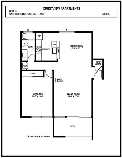 Floor plan for 1 bed, 1 bath, 900 sqft